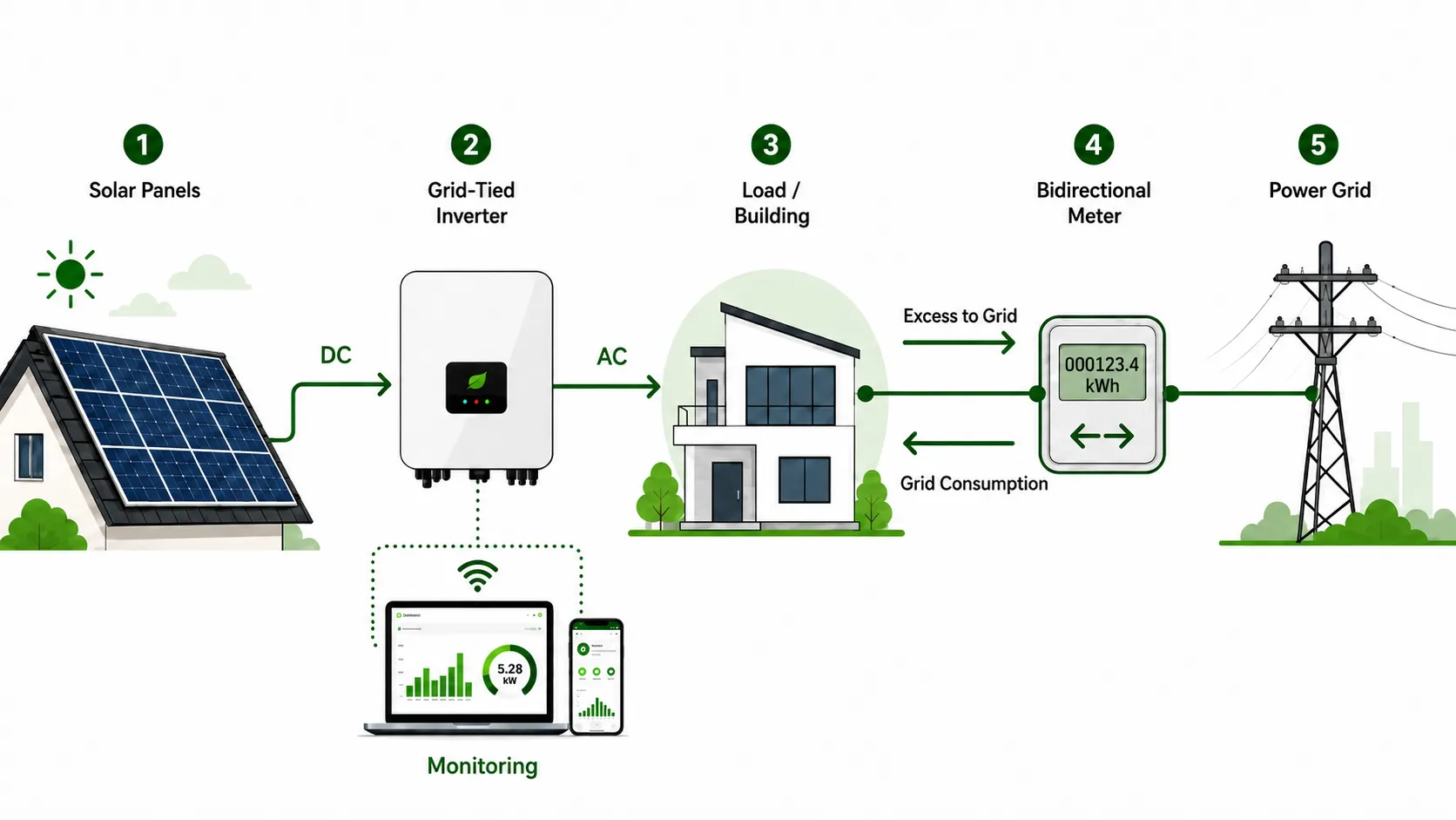 Diagram of an on-grid solar power plant system